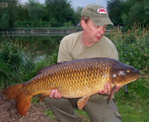 Bruce Mckay aka Barney Rubble. 31lb Common. Small lake at Sutton at hone in small weed bed. Caught on Poacher baits 18mm rum/rasberry 23 May 11